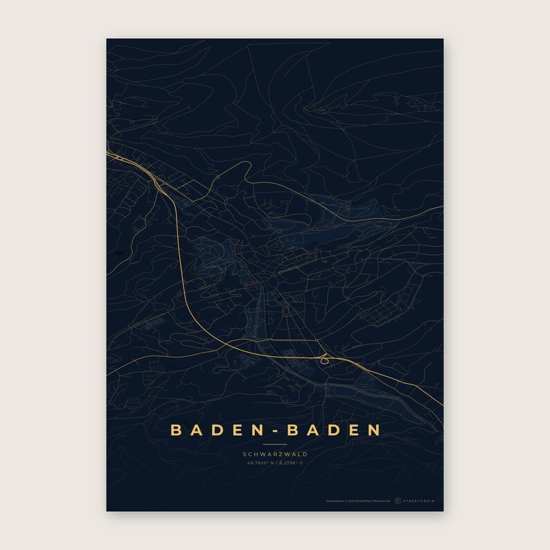 Baden-Baden Stadtplan Poster · Schwarzwald · Karte in 8 Farbwelten · Stadtkarte Wandbild Nachtblau & Gold