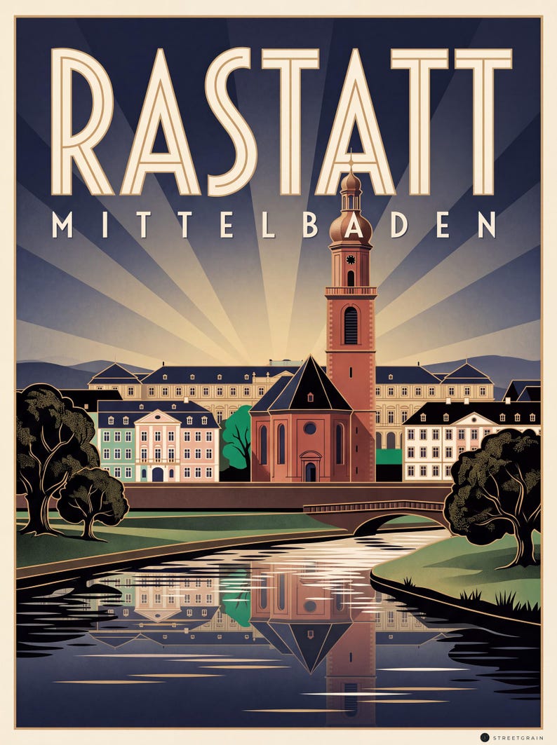 Rastatt Poster · Art déco · Mittelbaden · Retro Reiseplakat Schloss & Murg Murg