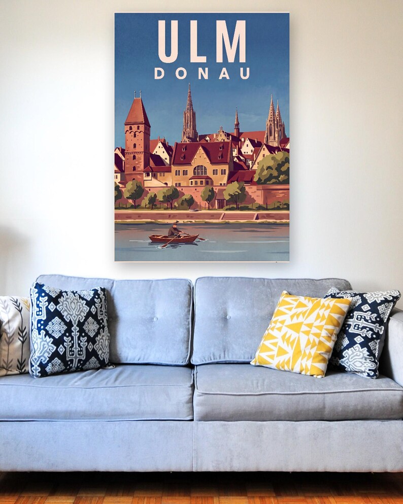 Ulm Poster · Malerisch · Donau · Retro Reiseplakat Münster, Schiefes Haus & Donau Bild 7