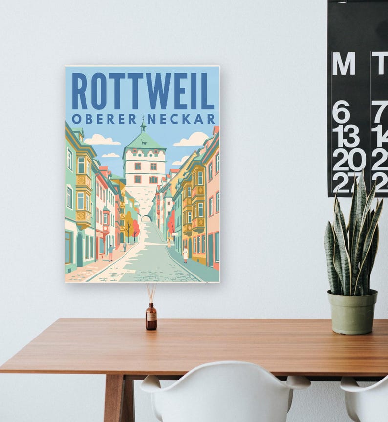 Rottweil Poster · Mid-Century · Oberer Neckar · Retro Reiseplakat Schwarzes Tor, Neckartal & Kapellenturm imagen 11