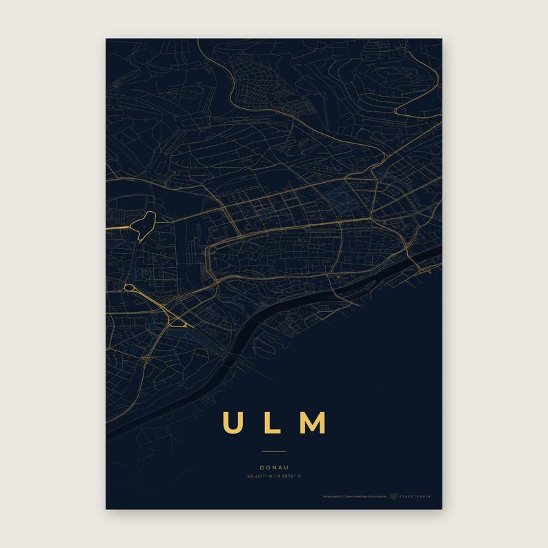Ulm Stadtplan Poster · Donau · Karte in 8 Farbwelten · Stadtkarte Wandbild Nachtblau & Gold