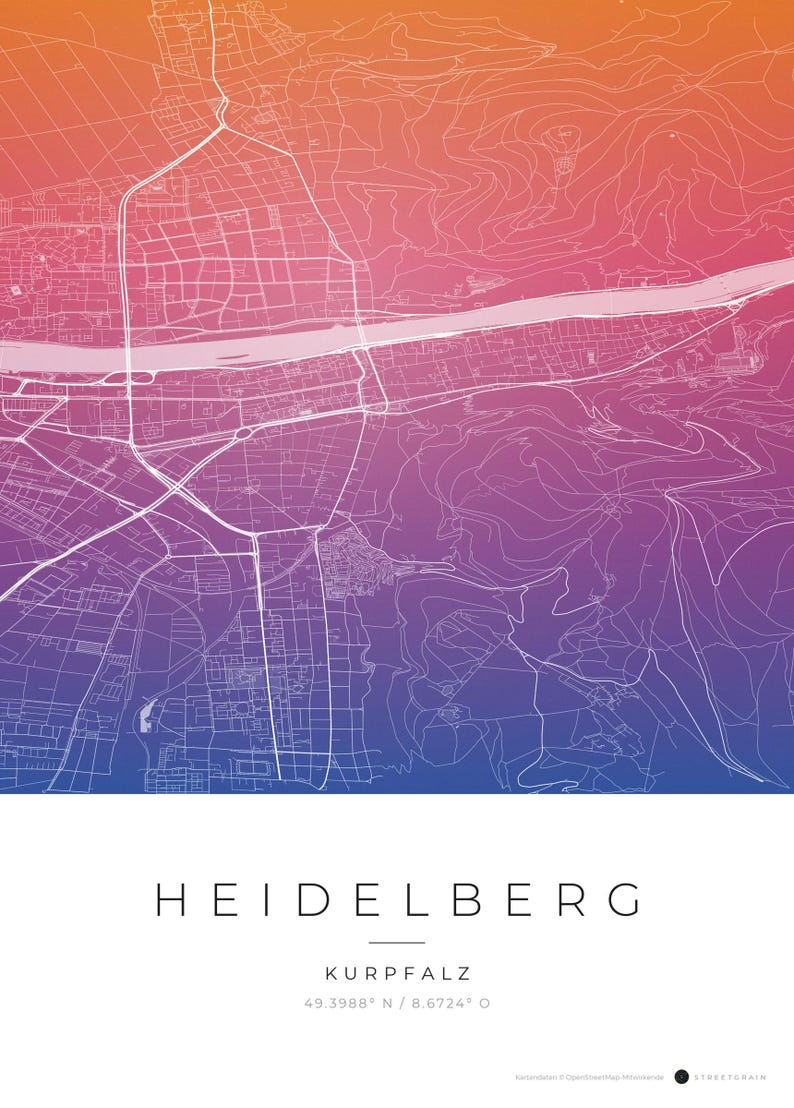 Affiche de la carte de la ville d'Heidelberg · Kurpfalz · Carte déclinée en 8 couleurs · Décoration murale de carte de la ville Aquarell Gradient