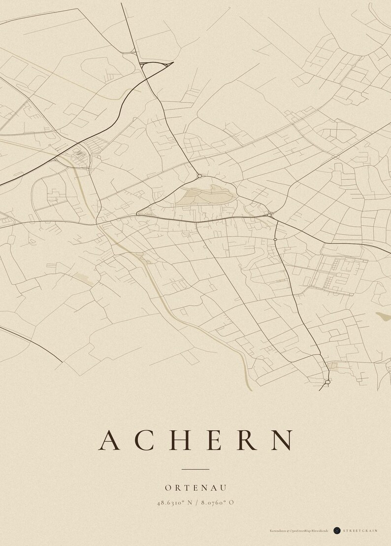 Achern City Map Poster · Ortenau · Map in 8 Color Schemes · City Map Wall Art Vintage Sepia