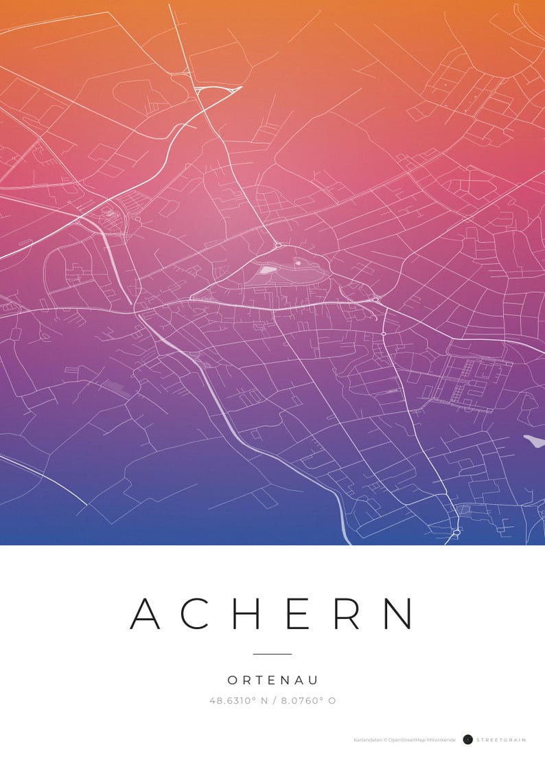 Achern City Map Poster · Ortenau · Map in 8 Color Schemes · City Map Wall Art Aquarell Gradient