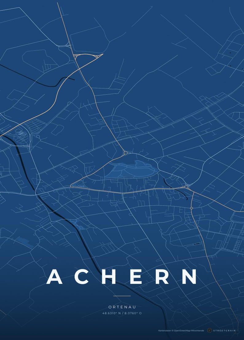 Achern City Map Poster · Ortenau · Map in 8 Color Schemes · City Map Wall Art Tiefblau & Eis