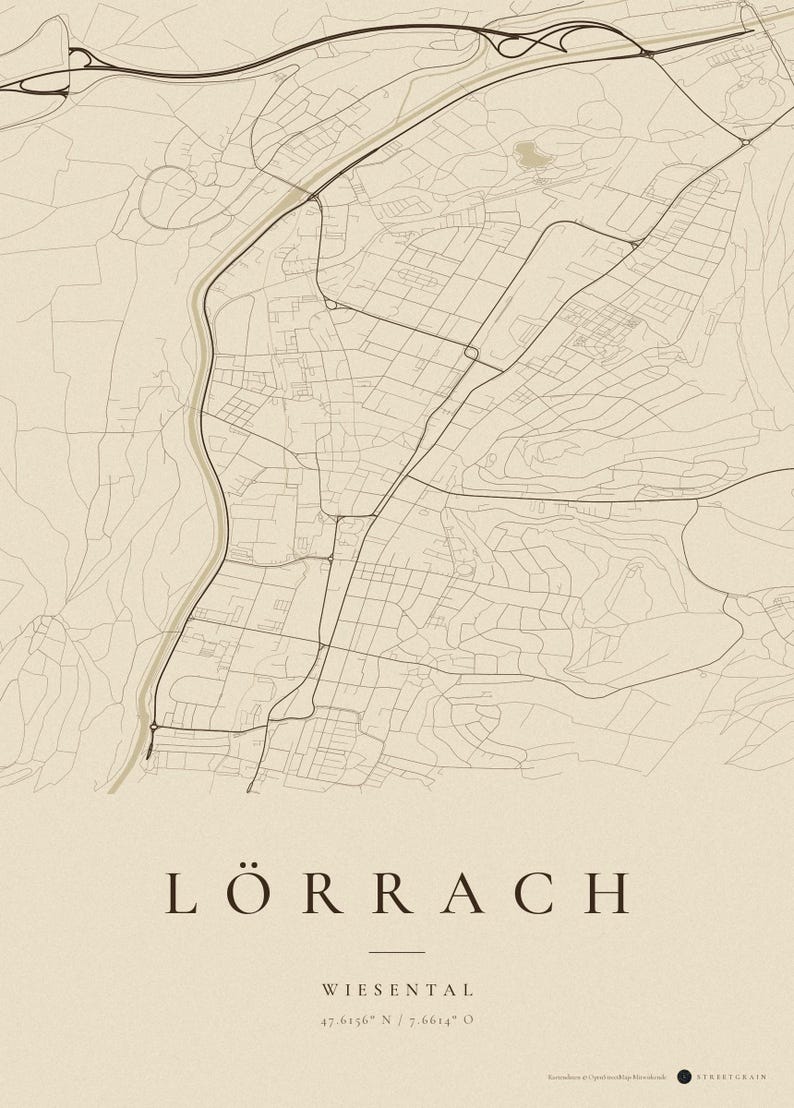 Lörrach City Map Poster · Wiesental · Map in 8 Color Schemes · City Map Wall Mural Vintage Sepia