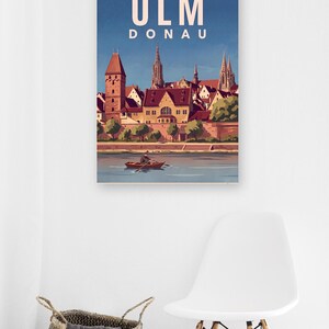 Ulm Poster · Malerisch · Donau · Retro Reiseplakat Münster, Schiefes Haus & Donau Bild 10