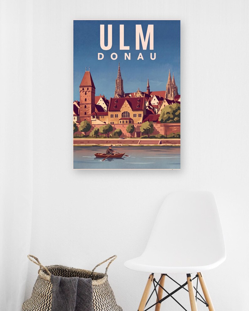 Ulm Poster · Malerisch · Donau · Retro Reiseplakat Münster, Schiefes Haus & Donau Bild 10