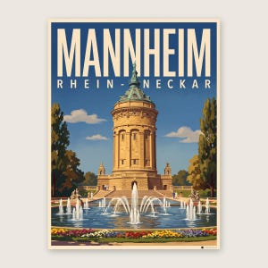 Mannheim Poster · Malerisch · Rhein-Neckar · Retro Reiseplakat Wasserturm & Schloss Wasserturm