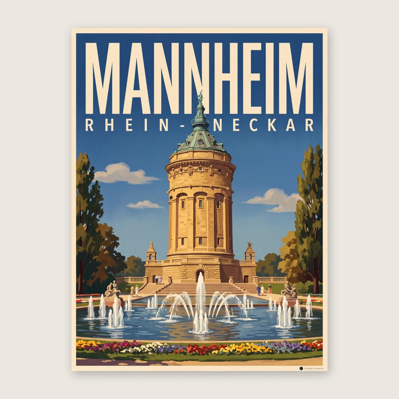 Mannheim Poster · Malerisch · Rhein-Neckar · Retro Reiseplakat Wasserturm & Schloss Wasserturm