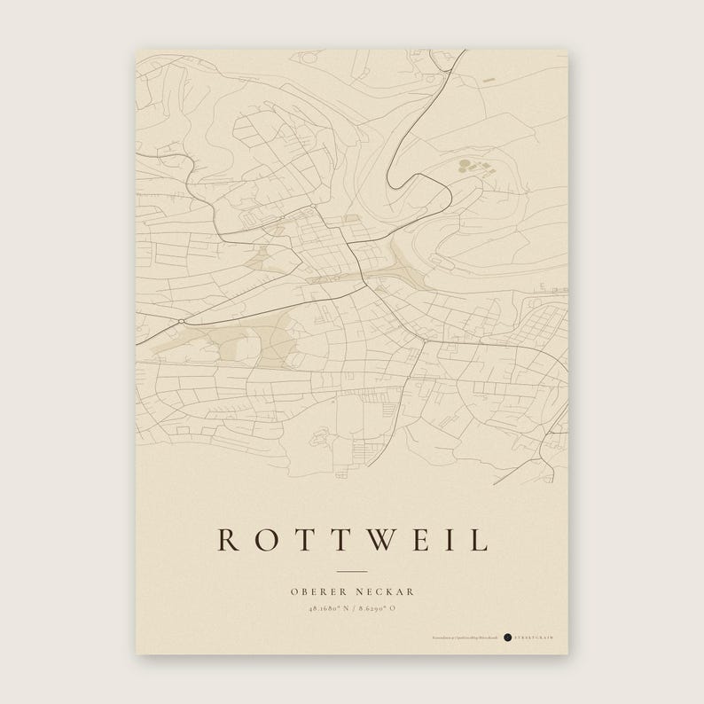 Rottweil Stadtplan Poster · Oberer Neckar · Karte in 8 Farbwelten · Stadtkarte Wandbild Vintage Sepia