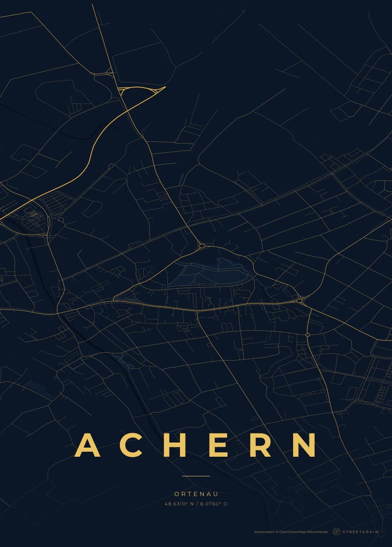 Achern City Map Poster · Ortenau · Map in 8 Color Schemes · City Map Wall Art Nachtblau & Gold