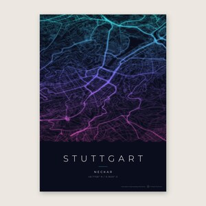 Stuttgart Stadtplan Poster · Neckar · Karte in 8 Farbwelten · Stadtkarte Wandbild Neon Nights