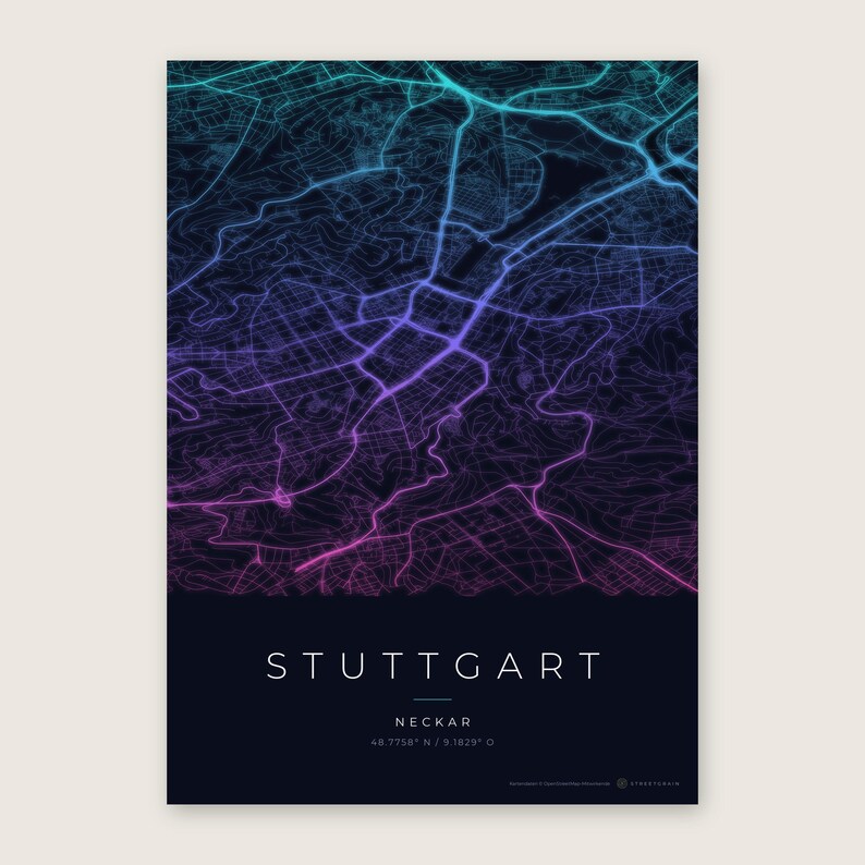 Stuttgart Stadtplan Poster · Neckar · Karte in 8 Farbwelten · Stadtkarte Wandbild Neon Nights