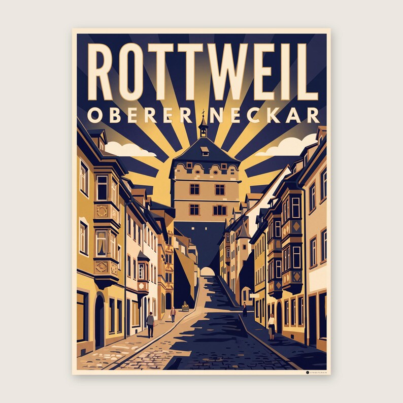 Rottweil Poster · Art déco · Oberer Neckar · Retro Reiseplakat Schwarzes Tor, Neckartal & Kapellenturm Schwarzes Tor
