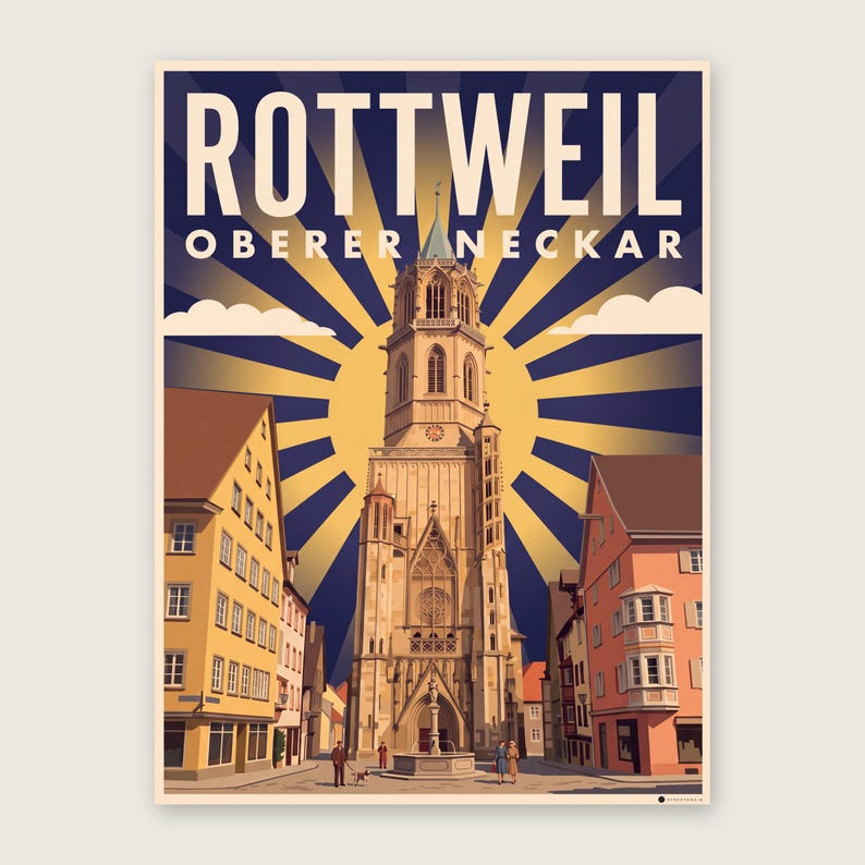 Rottweil Poster · Art déco · Oberer Neckar · Retro Reiseplakat Schwarzes Tor, Neckartal & Kapellenturm Kapellenturm