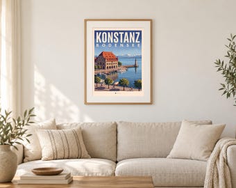 Konstanz Poster · Malerisch · Bodensee · Retro Reiseplakat Hafen & Rheintor