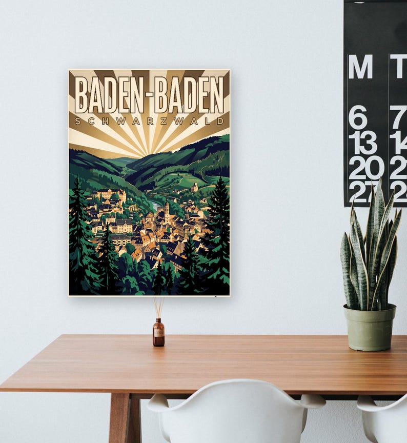 Baden-Baden Poster · Art déco · Schwarzwald · Retro Reiseplakat Trinkhalle & Stadt im Tal 画像 8