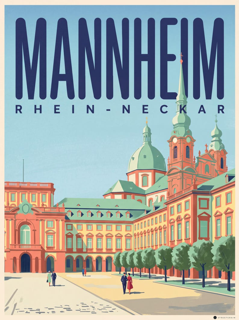 Mannheim Poster · Mid-Century · Rhine-Neckar · Retro Travel Poster Water Tower & Castle Schloss