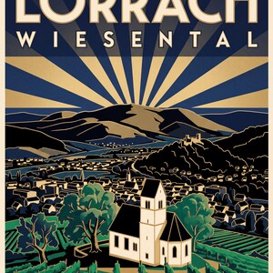 Lörrach Poster · Art déco · Wiesental · Retro Reiseplakat Burg Rötteln & Tüllinger Berg Tüllinger Berg