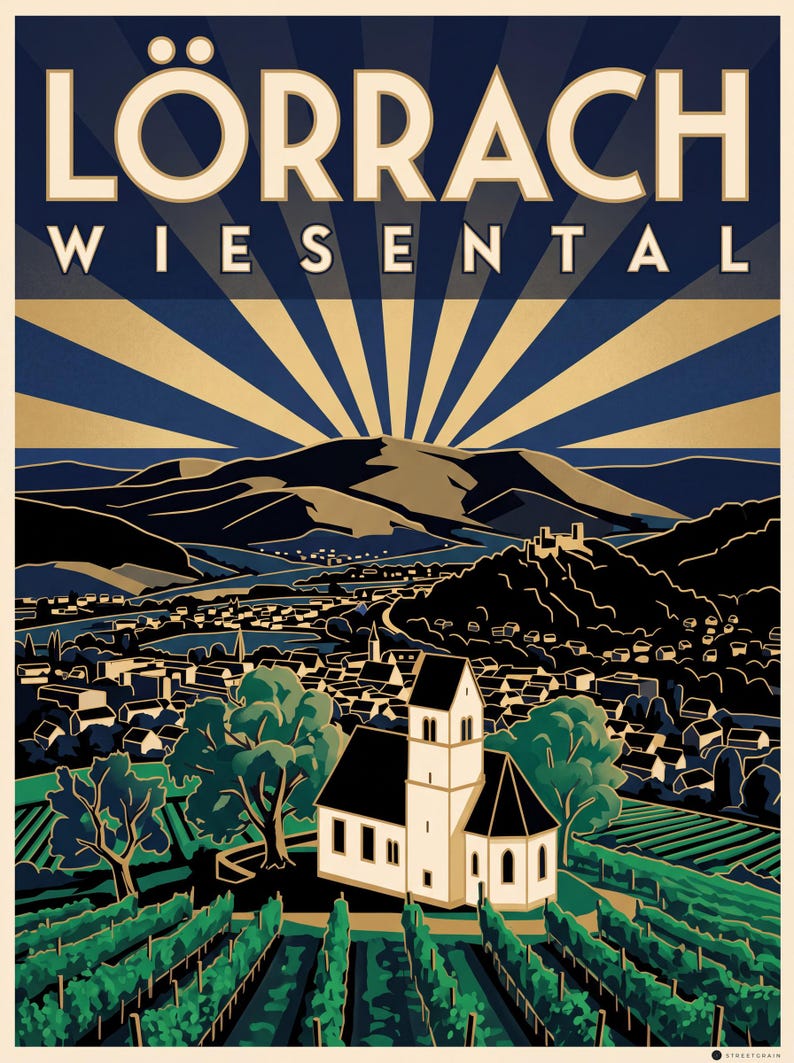 Lörrach Poster · Art déco · Wiesental · Retro Reiseplakat Burg Rötteln & Tüllinger Berg Tüllinger Berg