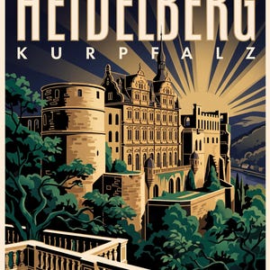 Heidelberg Poster · Art déco · Kurpfalz · Retro Reiseplakat Alte Brücke & Schloss Schloss
