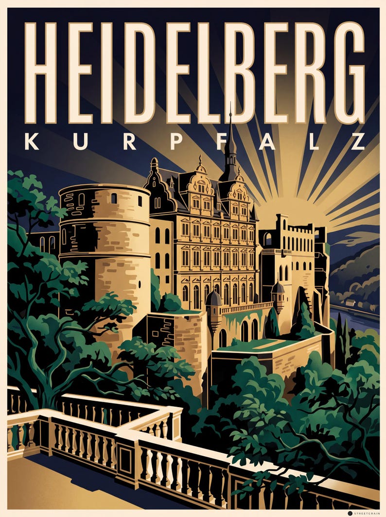 Heidelberg Poster · Art déco · Kurpfalz · Retro Reiseplakat Alte Brücke & Schloss Schloss