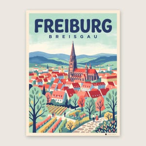 Freiburg Poster · Mid-Century · Breisgau · Retro Reiseplakat Münsterplatz & Schlossberg Schlossberg