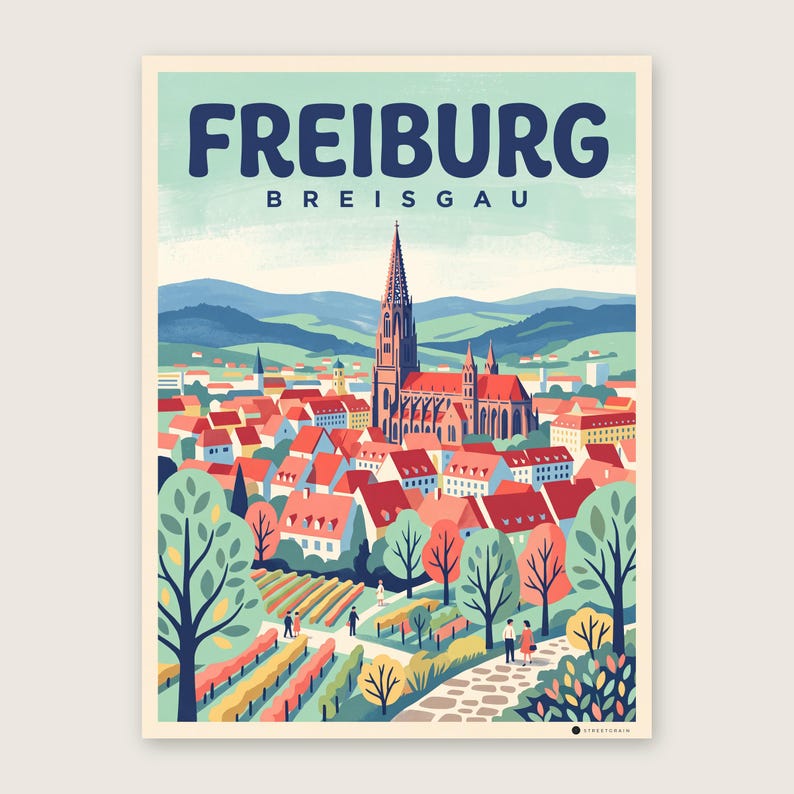 Freiburg Poster · Mid-Century · Breisgau · Retro Reiseplakat Münsterplatz & Schlossberg Schlossberg