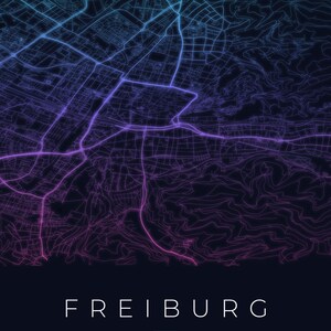 Carte de la ville de Fribourg-en-Brisgau · Carte déclinée en 8 couleurs · Décoration murale carte de ville Neon Nights