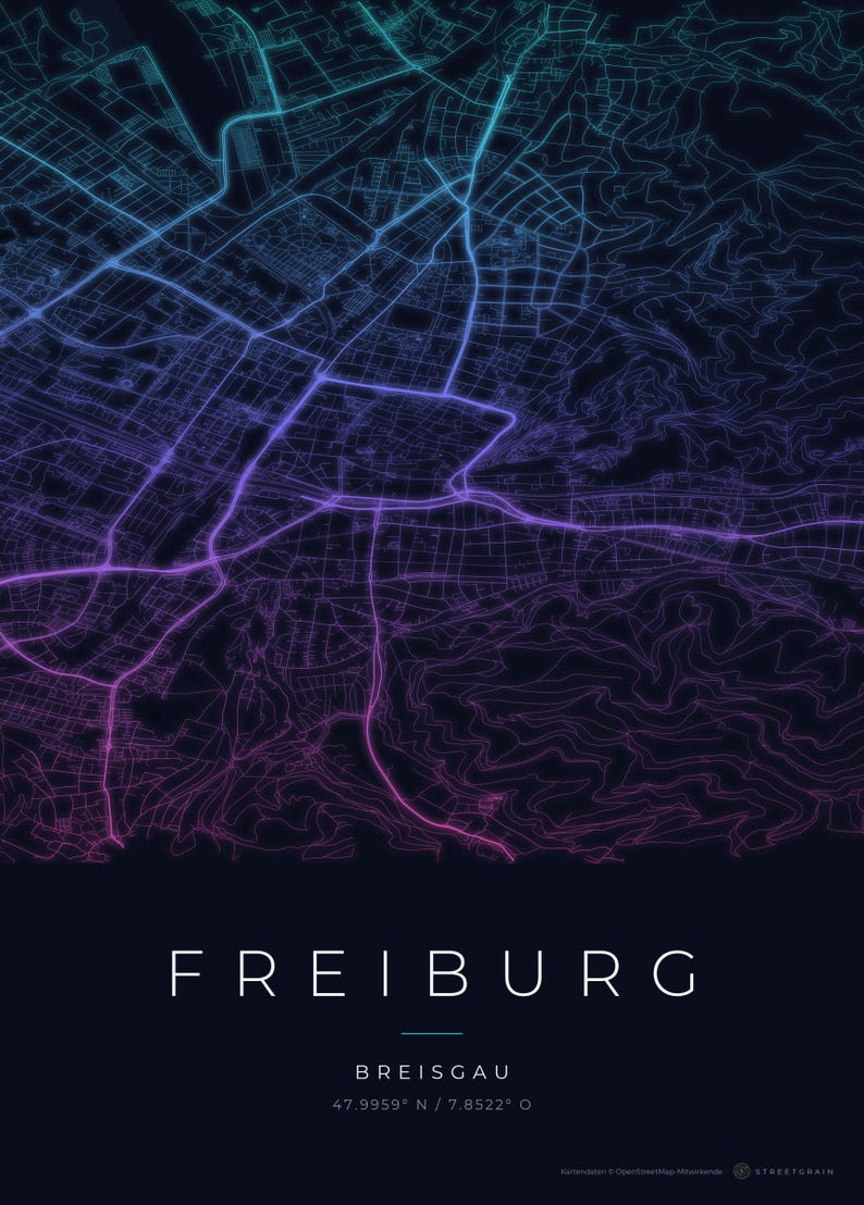 Carte de la ville de Fribourg-en-Brisgau · Carte déclinée en 8 couleurs · Décoration murale carte de ville Neon Nights
