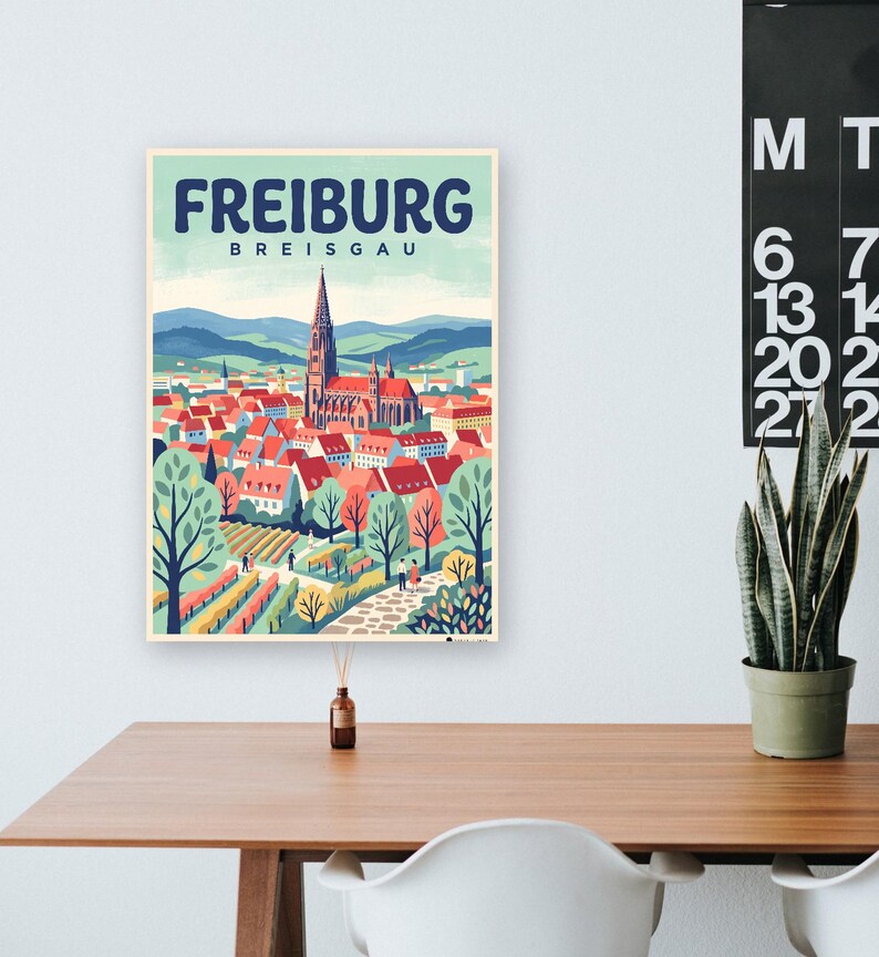 Freiburg Poster · Mid-Century · Breisgau · Retro Reiseplakat Münsterplatz & Schlossberg image 9