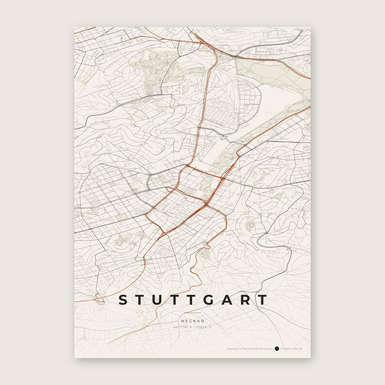 Stuttgart Stadtplan Poster · Neckar · Karte in 8 Farbwelten · Stadtkarte Wandbild Papier & Rost