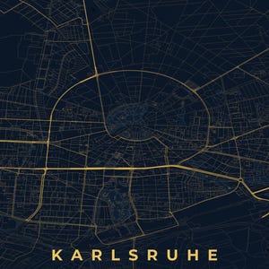 Póster del mapa de la ciudad de Karlsruhe · Baden · Mapa en 8 combinaciones de colores · Arte mural de mapas de ciudades Nachtblau & Gold
