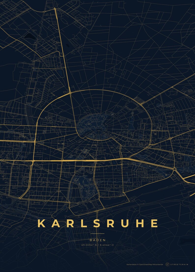 Póster del mapa de la ciudad de Karlsruhe · Baden · Mapa en 8 combinaciones de colores · Arte mural de mapas de ciudades Nachtblau & Gold