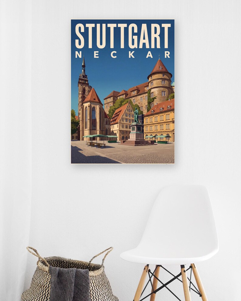 Stuttgart Poster · Malerisch · Neckar · Retro Reiseplakat Schlossplatz, Fernsehturm, Grabkapelle & Schillerplatz image 13