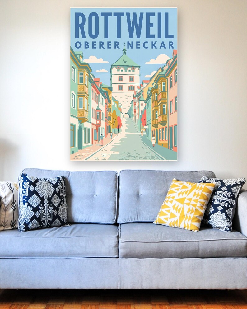 Rottweil Poster · Mid-Century · Oberer Neckar · Retro Reiseplakat Schwarzes Tor, Neckartal & Kapellenturm imagen 5