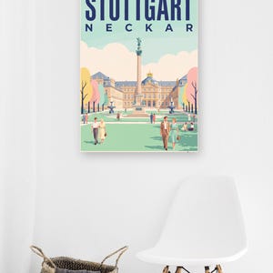 Stuttgart Poster · Mid-Century · Neckar · Retro Reiseplakat Schlossplatz, Fernsehturm, Grabkapelle & Schillerplatz Bild 10
