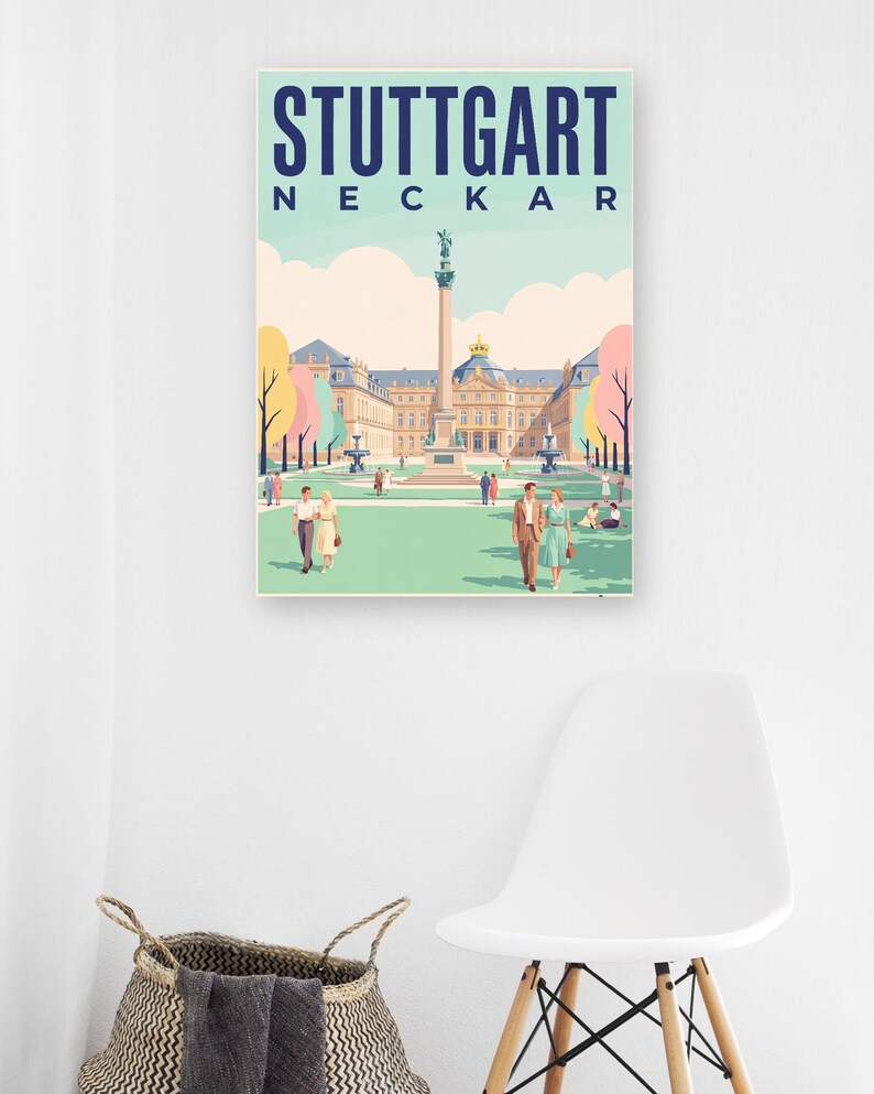 Stuttgart Poster · Mid-Century · Neckar · Retro Reiseplakat Schlossplatz, Fernsehturm, Grabkapelle & Schillerplatz Bild 10