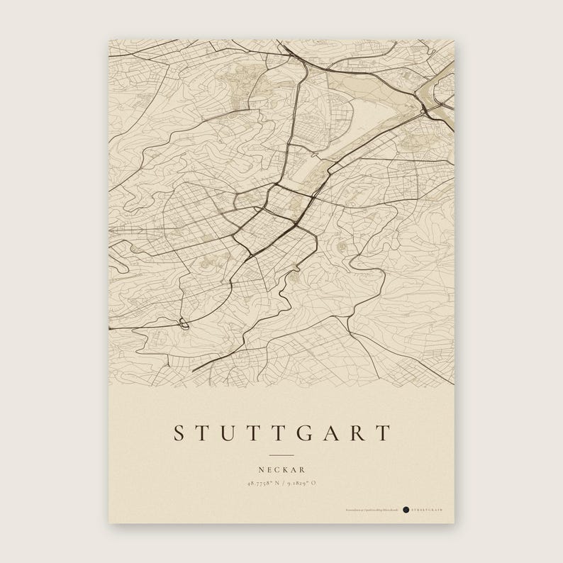 Stuttgart Stadtplan Poster · Neckar · Karte in 8 Farbwelten · Stadtkarte Wandbild Vintage Sepia