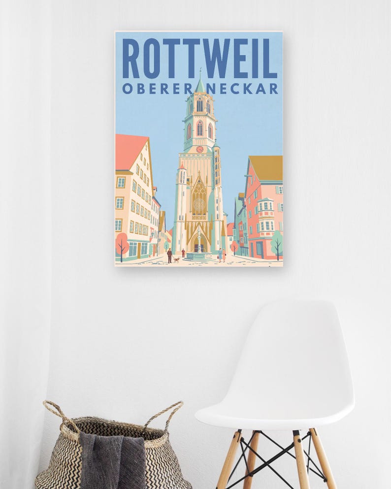 Rottweil Poster · Mid-Century · Oberer Neckar · Retro Reiseplakat Schwarzes Tor, Neckartal & Kapellenturm imagen 10