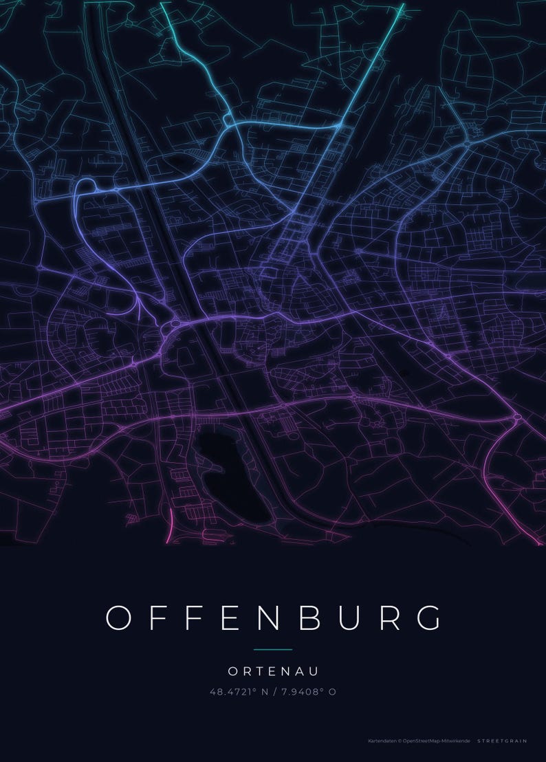 Offenburg City Map Poster · Ortenau · Map in 8 Color Schemes · City Map Wall Art Neon Nights