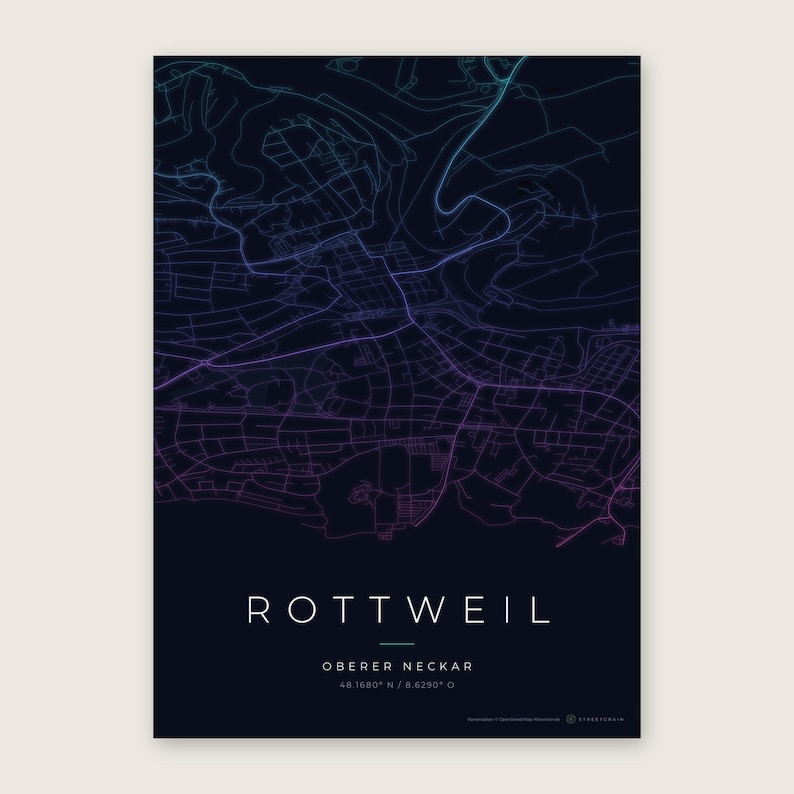 Rottweil Stadtplan Poster · Oberer Neckar · Karte in 8 Farbwelten · Stadtkarte Wandbild Neon Nights