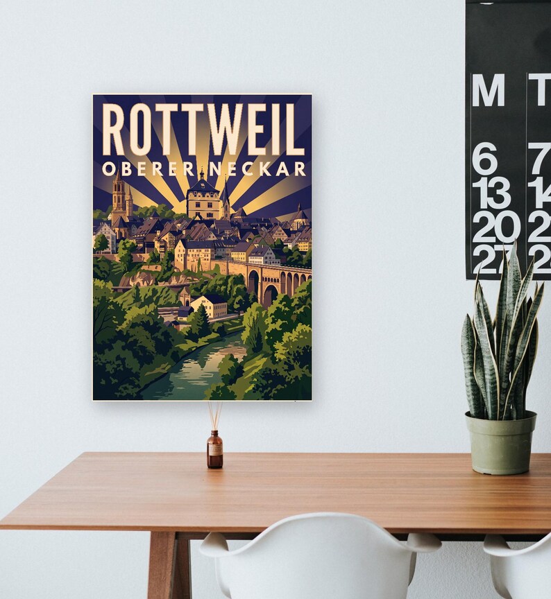 Rottweil Poster · Art déco · Oberer Neckar · Retro Reiseplakat Schwarzes Tor, Neckartal & Kapellenturm imagen 12
