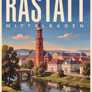 Rastatt Poster · Malerisch · Mittelbaden · Retro Reiseplakat Schloss & Murg Murg