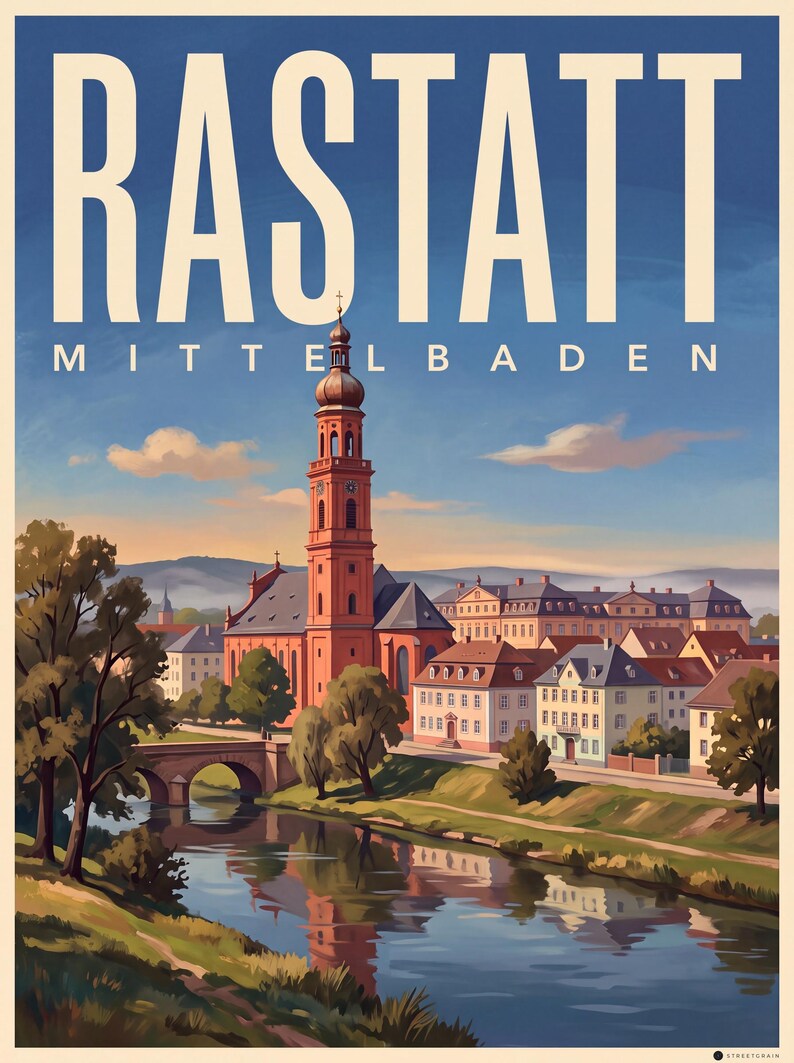 Rastatt Poster · Malerisch · Mittelbaden · Retro Reiseplakat Schloss & Murg Murg