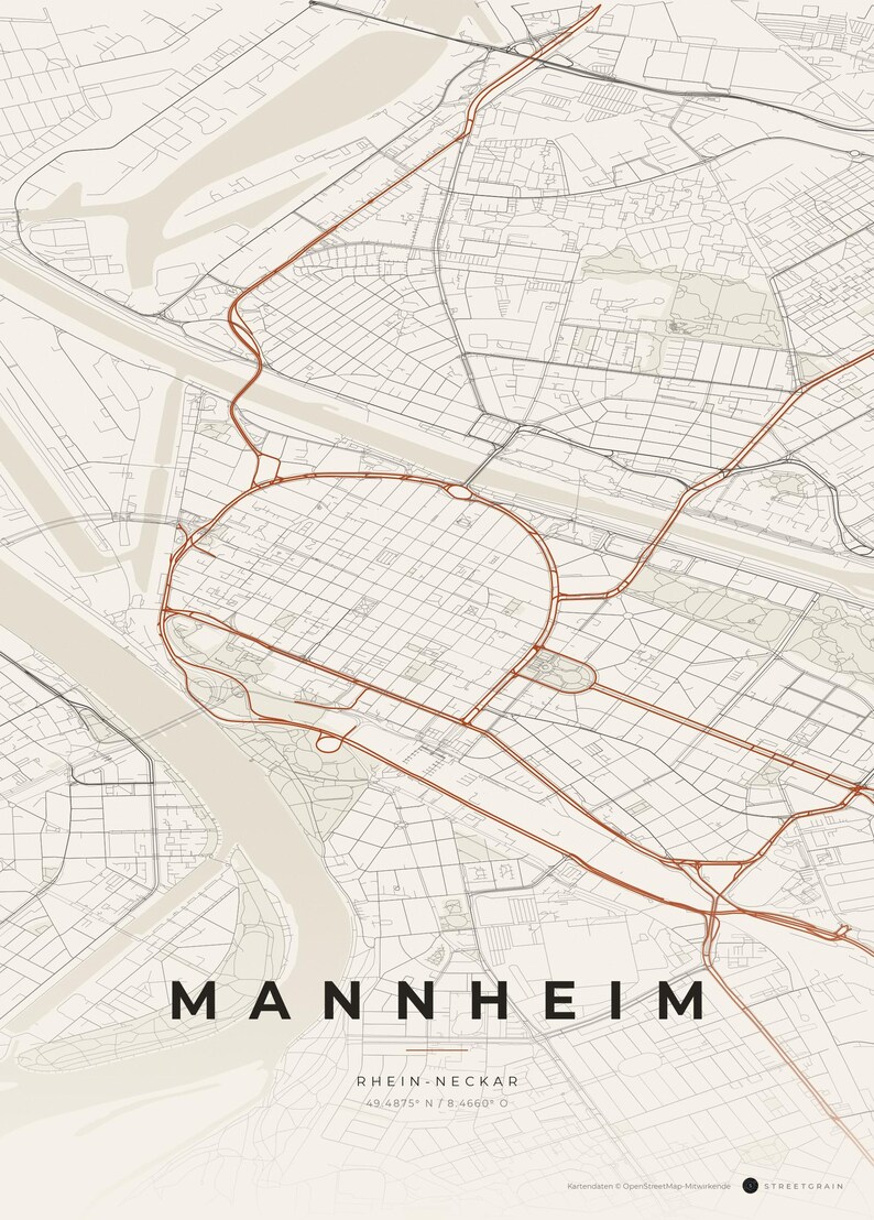 Mannheim Stadtplan Poster · Rhein-Neckar · Karte in 8 Farbwelten · Stadtkarte Wandbild Papier & Rost