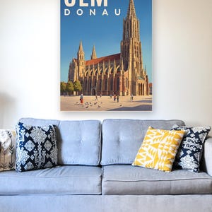 Ulm Poster · Malerisch · Donau · Retro Reiseplakat Münster, Schiefes Haus & Donau Bild 5