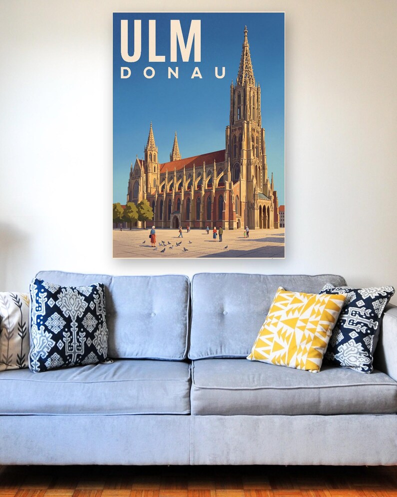 Ulm Poster · Malerisch · Donau · Retro Reiseplakat Münster, Schiefes Haus & Donau Bild 5