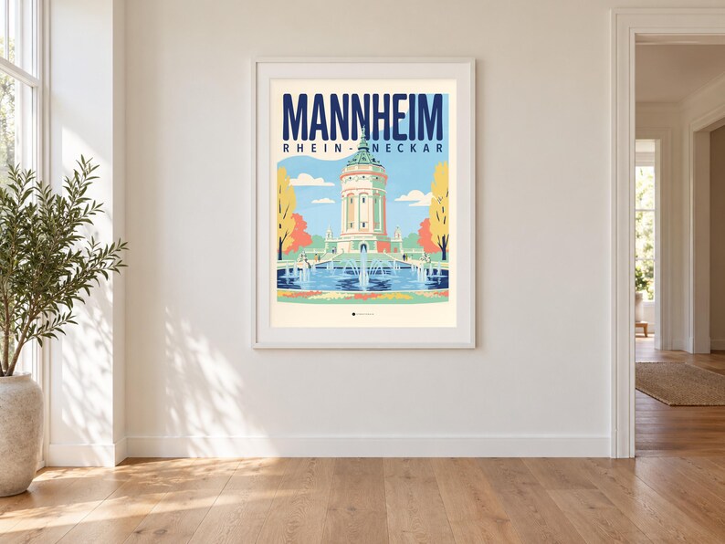 Mannheim Poster · Mid-Century · Rhine-Neckar · Retro Travel Poster Water Tower & Castle image 1